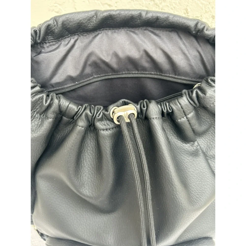 Black Pebbled Faux Leather Buckle Drawstring Backpack Utility Bag
